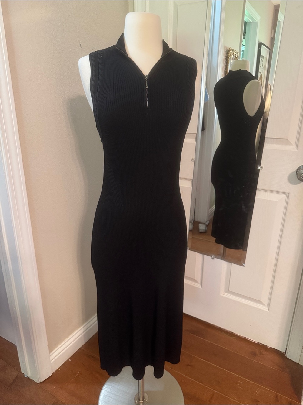 WHBM Black Sleeveless Mock Neck with Zipper Midi Dress